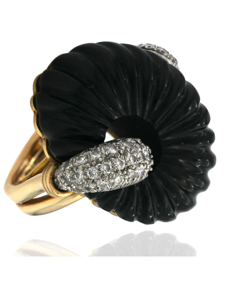 Fluted Black Onyx and Diamond Pave Fashion Ring