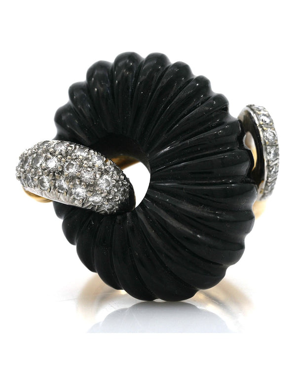 Fluted Black Onyx and Diamond Pave Fashion Ring