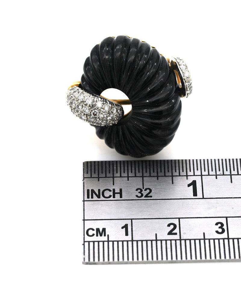 Fluted Black Onyx and Diamond Pave Fashion Ring