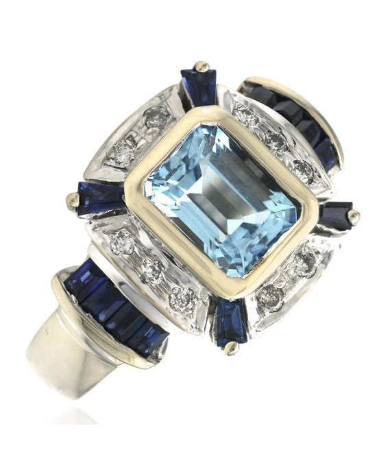Aquamarine, Sapphire and Diamond Fashion Ring