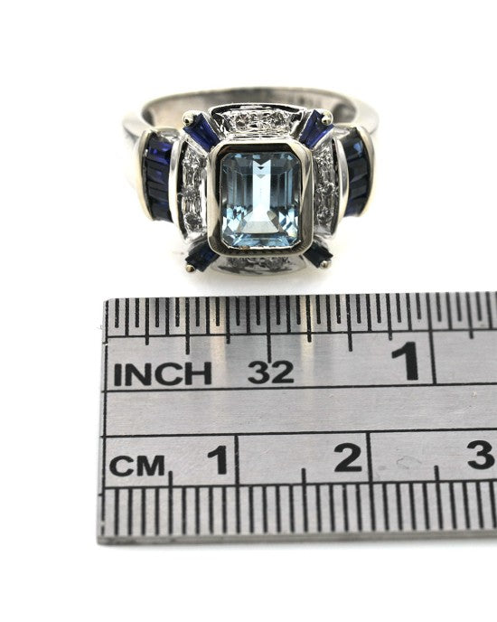 Aquamarine, Sapphire and Diamond Fashion Ring