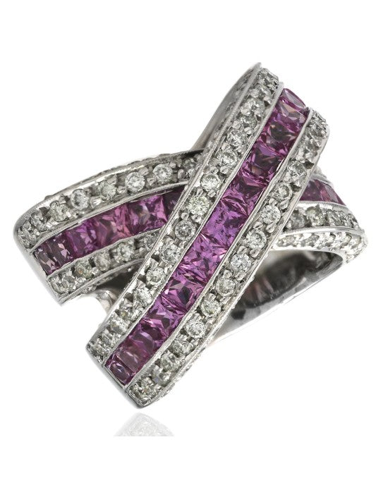 18KW Pink Sapphire and Diamond 3 Row Bypass Ring