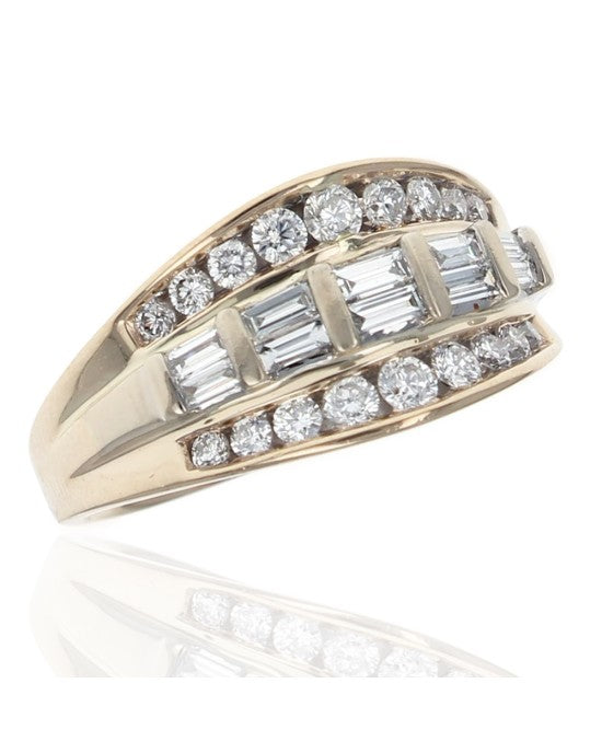 3 Row Baguette and Round Diamond Ring