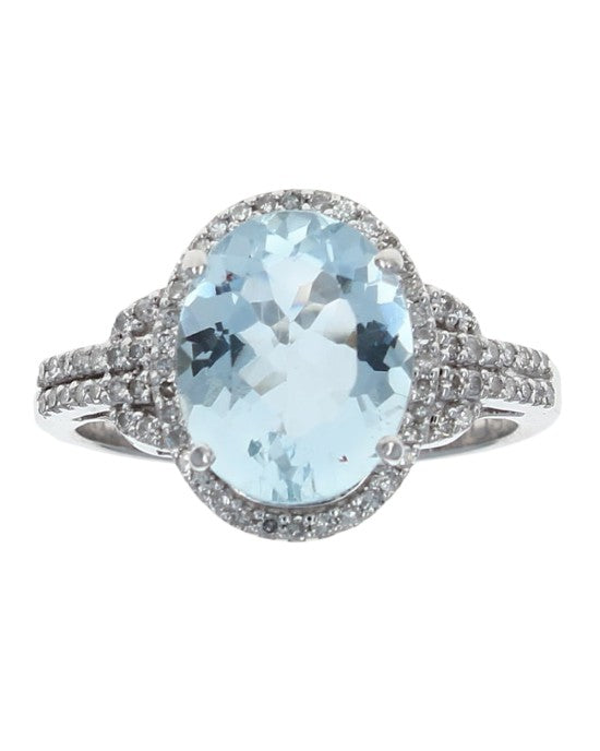 Oval Aquamarine and Diamond Halo Ring