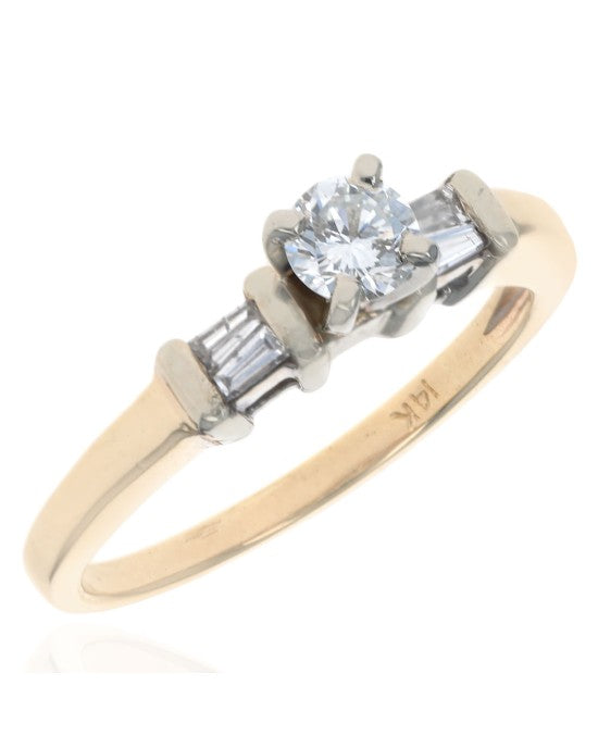 Round and Baguette Diamond Engagement Ring in 2 Tone Gold