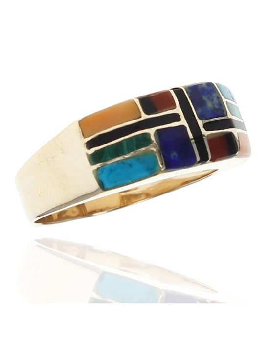 Mixed Stone Inlay 3 Sided Ring in Gold