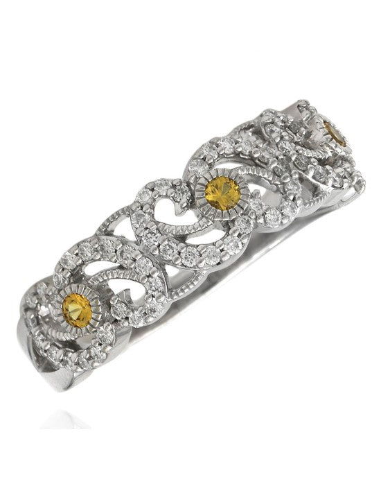 Diamond and Synthetic Yellow Sapphire Open Scroll Ring