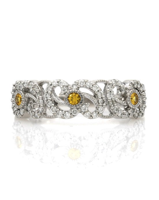 Diamond and Synthetic Yellow Sapphire Open Scroll Ring