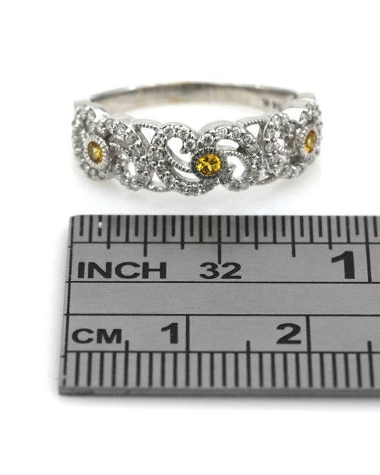 Diamond and Synthetic Yellow Sapphire Open Scroll Ring