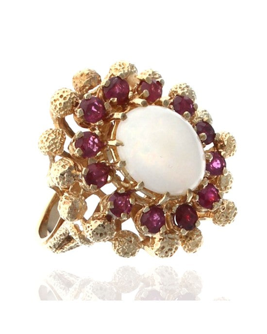 Oval Opal and Round Ruby Halo Ring