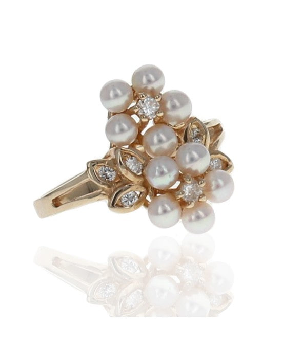 Pink Pearl and Diamond Flower Cluster Ring
