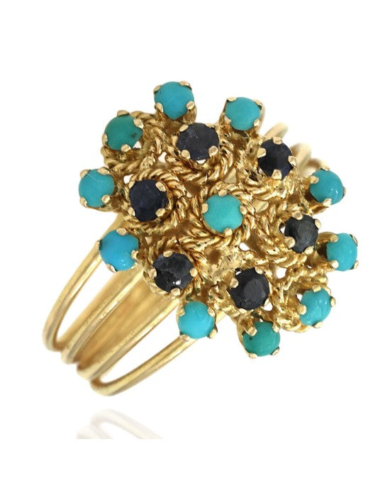 Turquoise Cabochon and Sapphire Cluster Ring