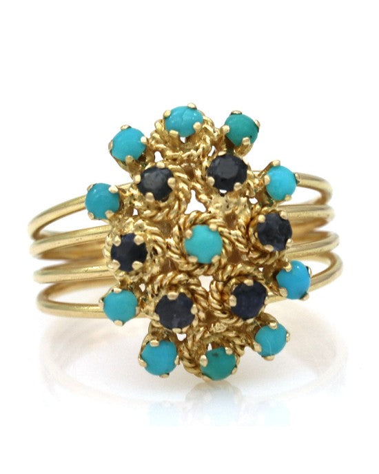 Turquoise Cabochon and Sapphire Cluster Ring