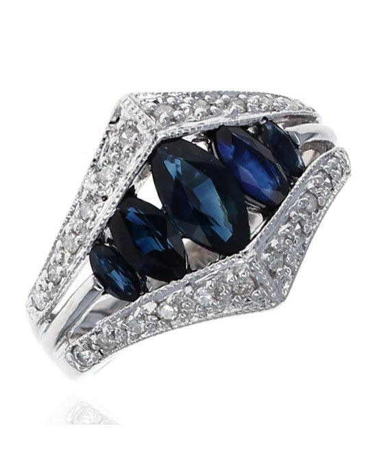 Marquise Sapphire and Round Diamond Chevron Ring