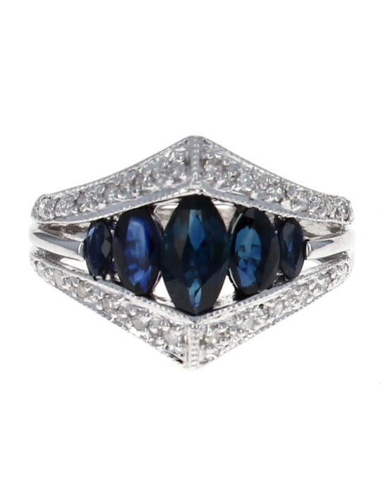 Marquise Sapphire and Round Diamond Chevron Ring