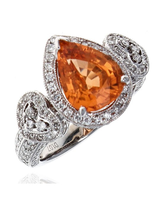 Spessartite Garnet and Diamond Halo Ring in White Gold