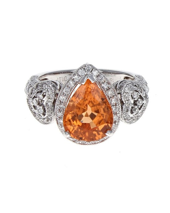 Spessartite Garnet and Diamond Halo Ring in White Gold