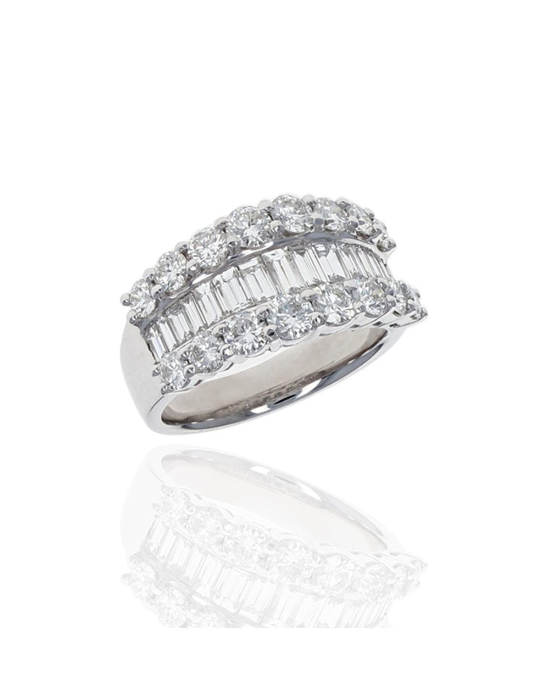 3 Row Alternating Round and Baguette Diamond Ring in Platinum