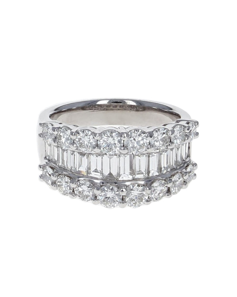 3 Row Alternating Round and Baguette Diamond Ring in Platinum