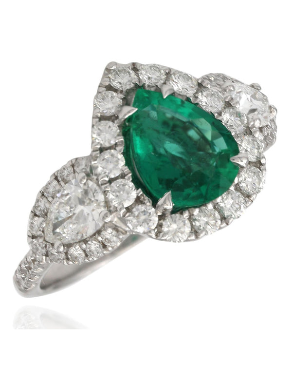 Pear Shaped Emerald and Diamond Ring in White Gold