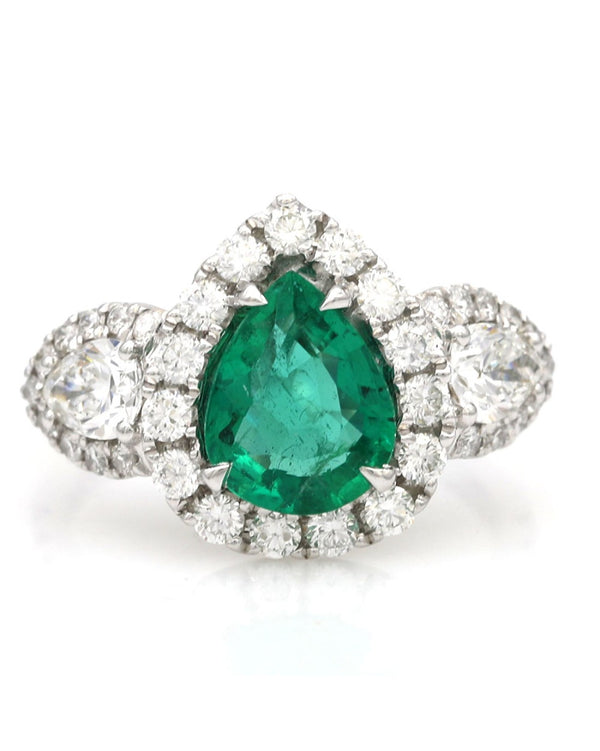 Pear Shaped Emerald and Diamond Ring in White Gold