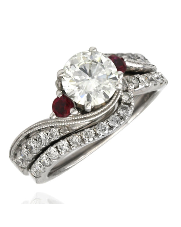 Diamond and Ruby Bypass Engagement Ring with Diamond Wedding Guard