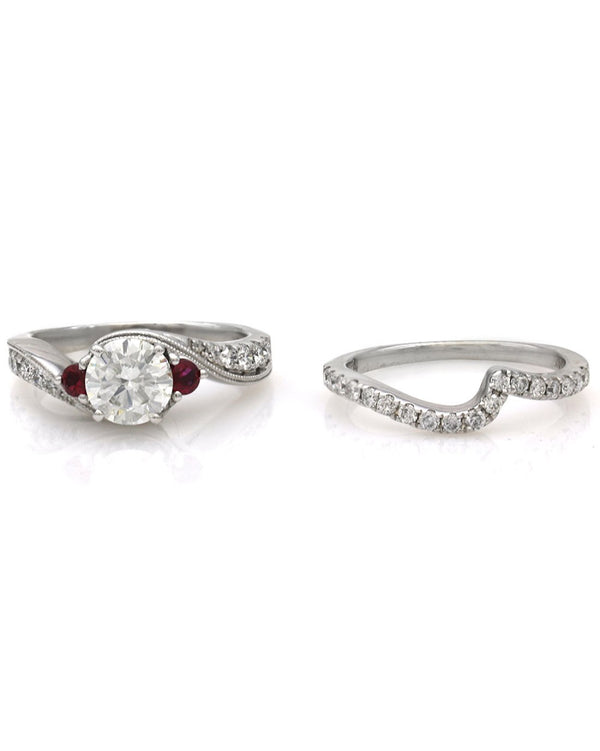 Diamond and Ruby Bypass Engagement Ring with Diamond Wedding Guard