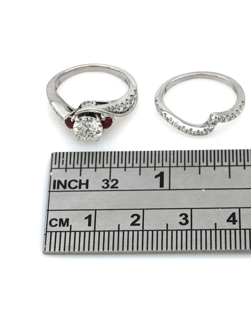 Diamond and Ruby Bypass Engagement Ring with Diamond Wedding Guard