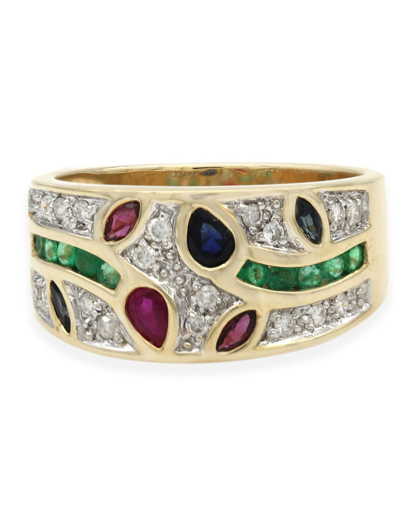 Mixed Cut Ruby, Sapphire, Emerald, & Pave Diamond Band in Yellow Gold