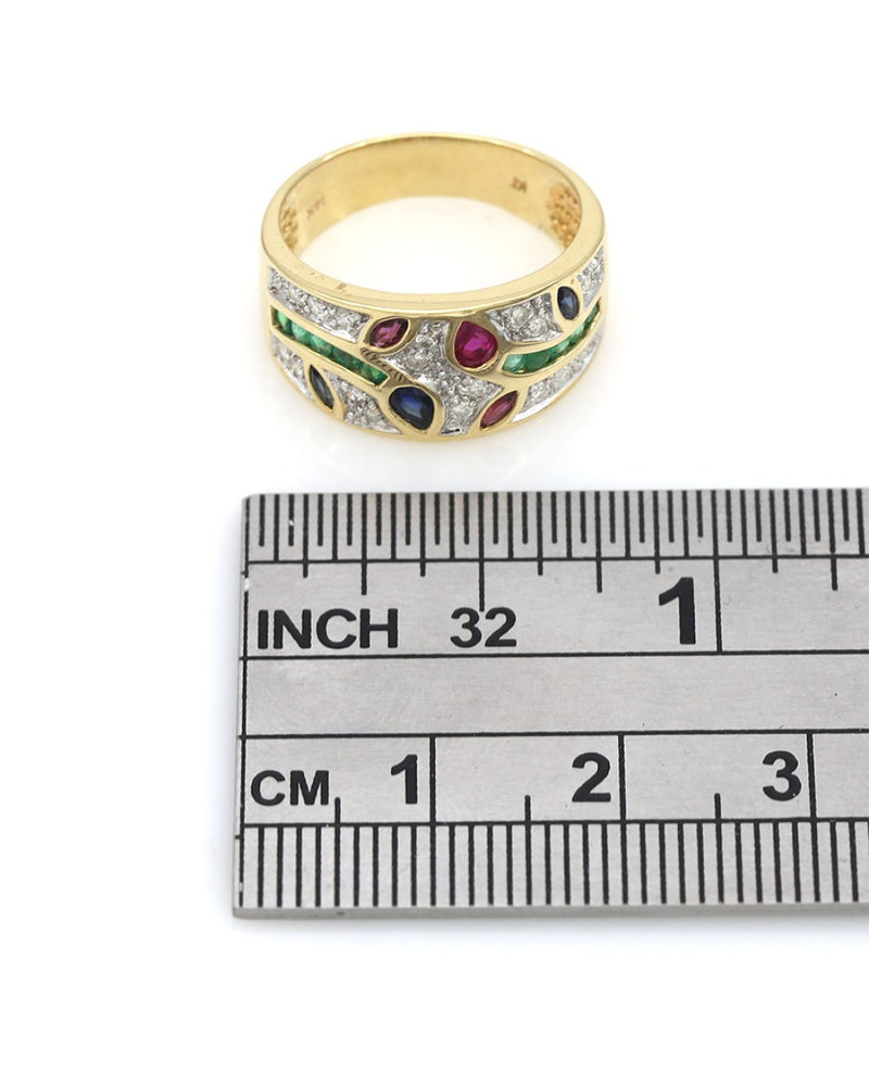 Mixed Cut Ruby, Sapphire, Emerald, & Pave Diamond Band in Yellow Gold