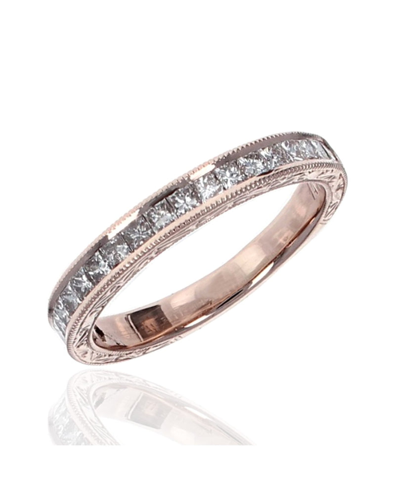 Princess Diamond Scroll and Milgrain Accent Band in Rose Gold