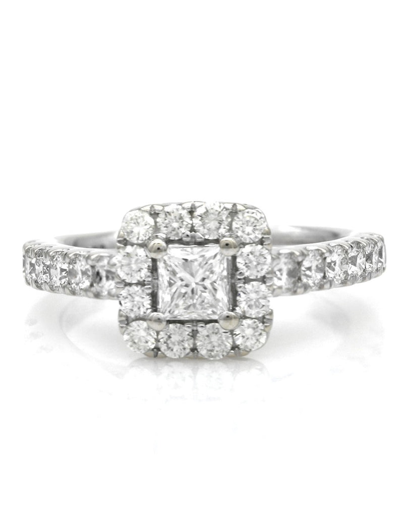 Square Halo Princess Cut Diamond Solitaire Ring in White Gold