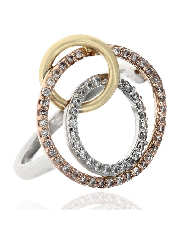 Diamond Interlocking Circle Ring in Tri Color Gold