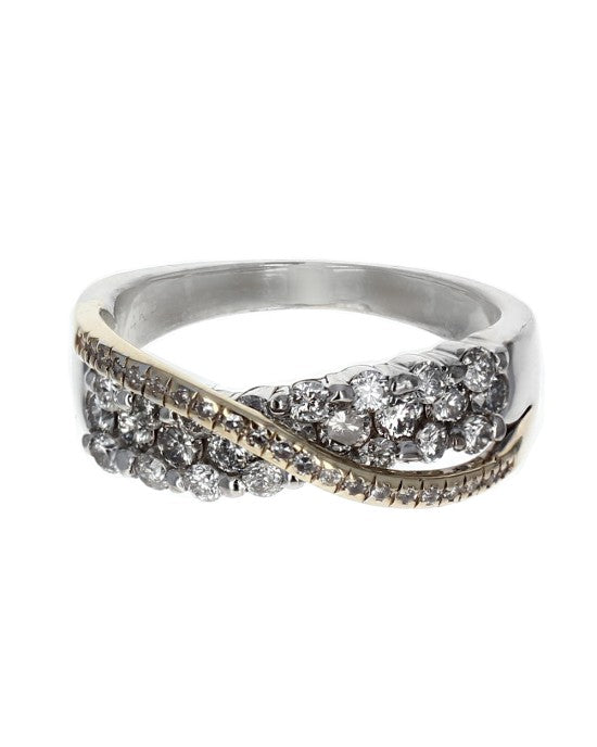 Crossover Pave Diamond Ring in White and Yellow Gold