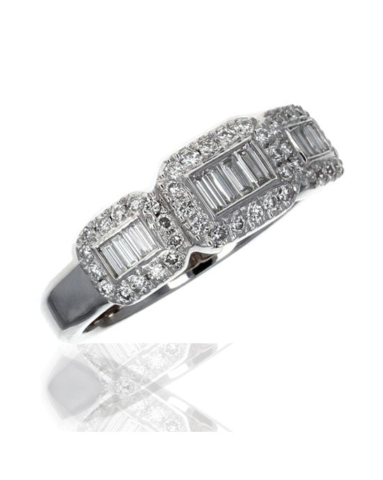 Three Station Square Halo Diamond Ring in White Gold