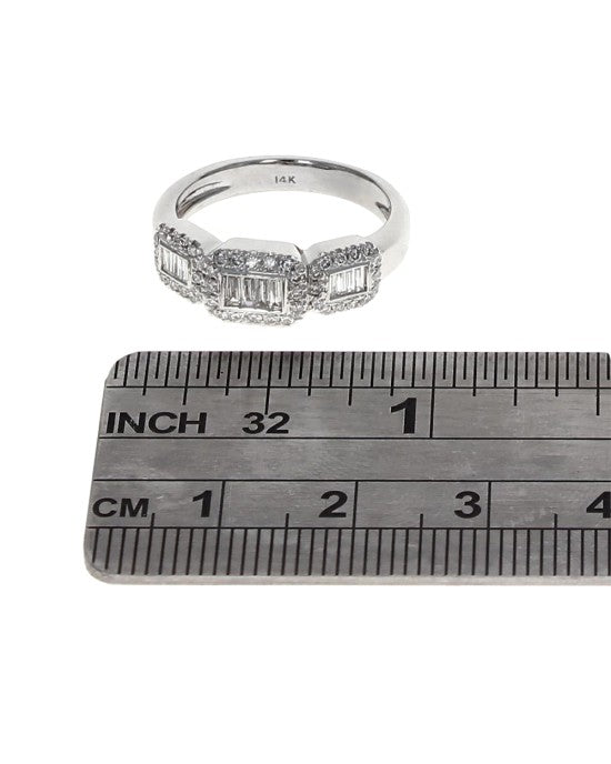 Three Station Square Halo Diamond Ring in White Gold