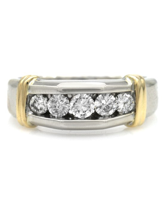 Gentleman's 5 Stone Diamond Ring in White and Yellow Gold