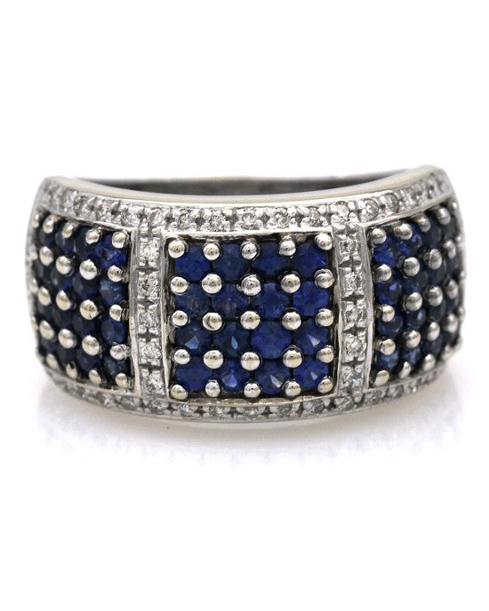 Blue Sapphire and Diamond Pave Wide Band in White Gold