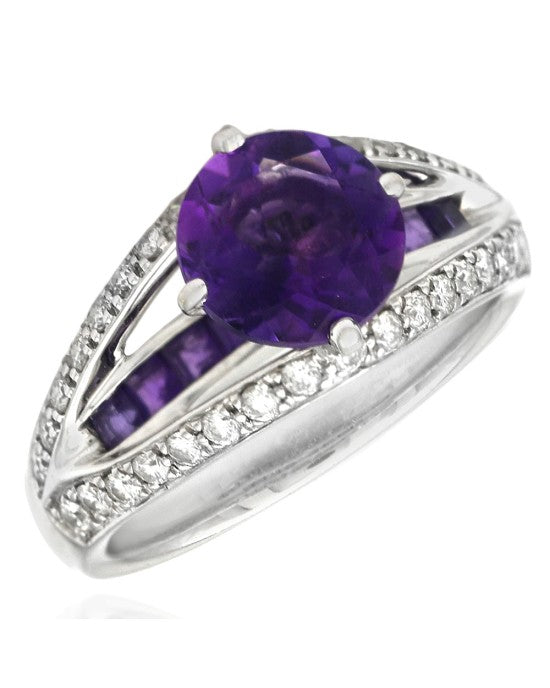 Amethyst and Diamond Split Shank Ring in White Gold