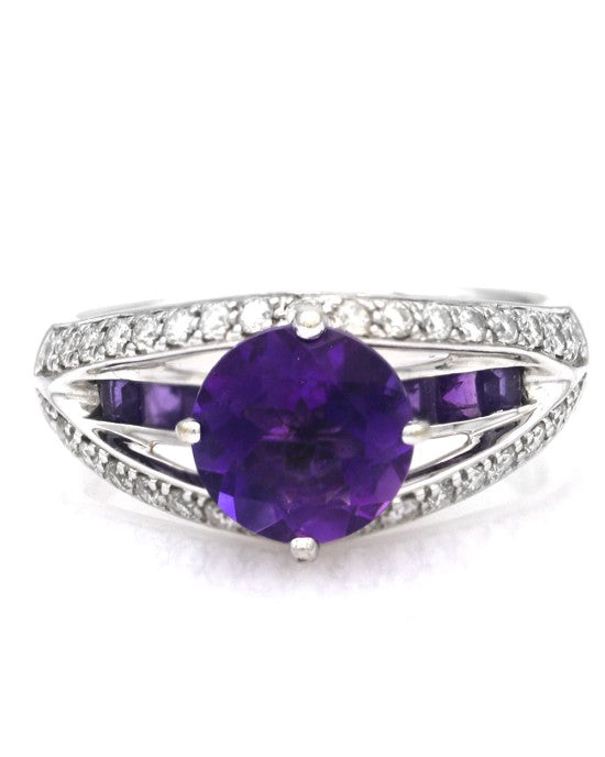 Amethyst and Diamond Split Shank Ring in White Gold