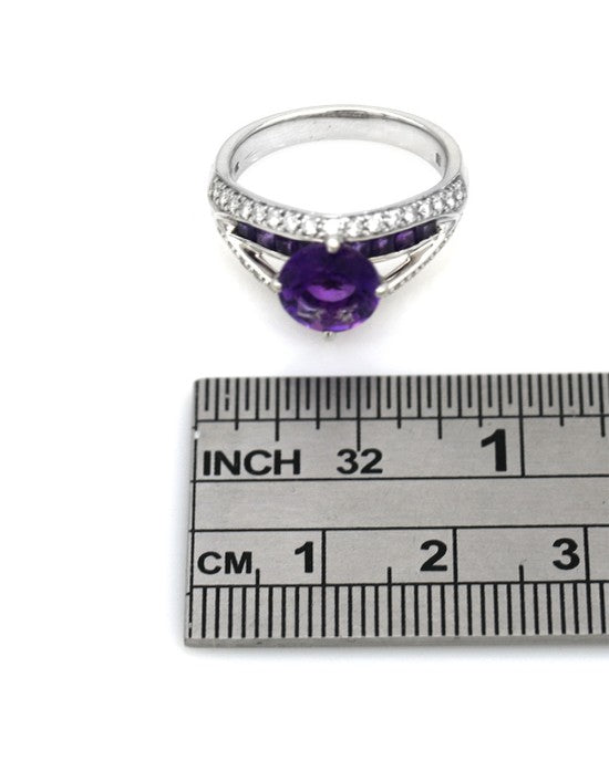 Amethyst and Diamond Split Shank Ring in White Gold