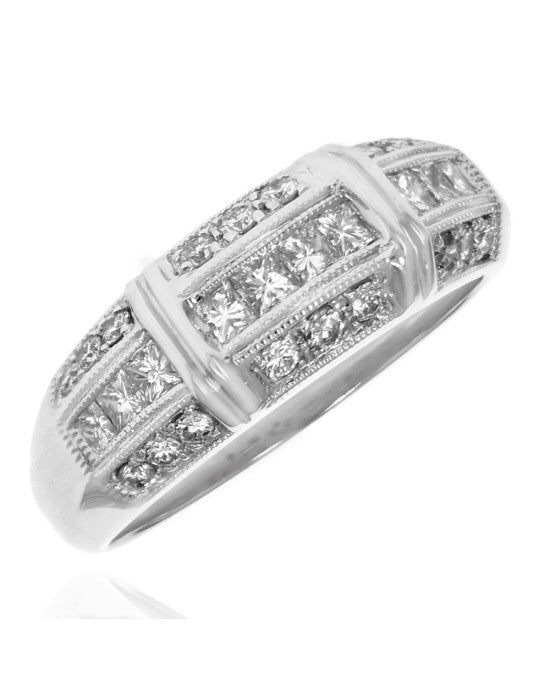 Round and Princess Diamond 3 Row Milgrain Accent Ring