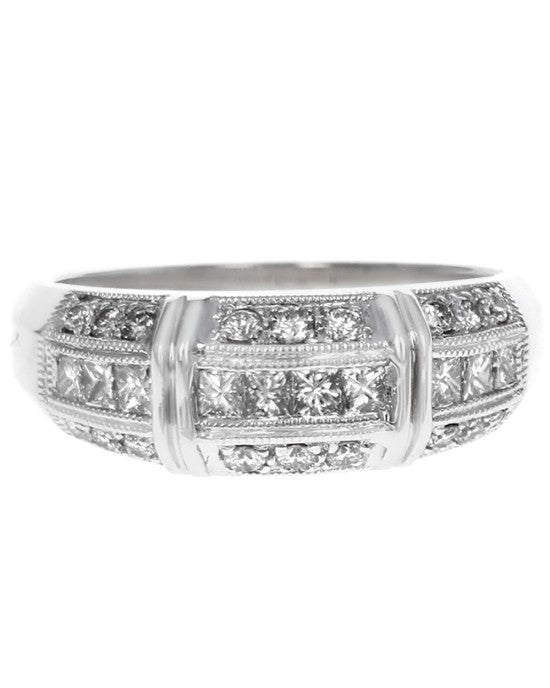 Round and Princess Diamond 3 Row Milgrain Accent Ring