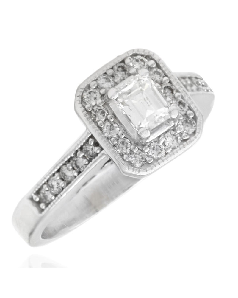 Emerald Cut and Round Diamond Halo Engagement Ring