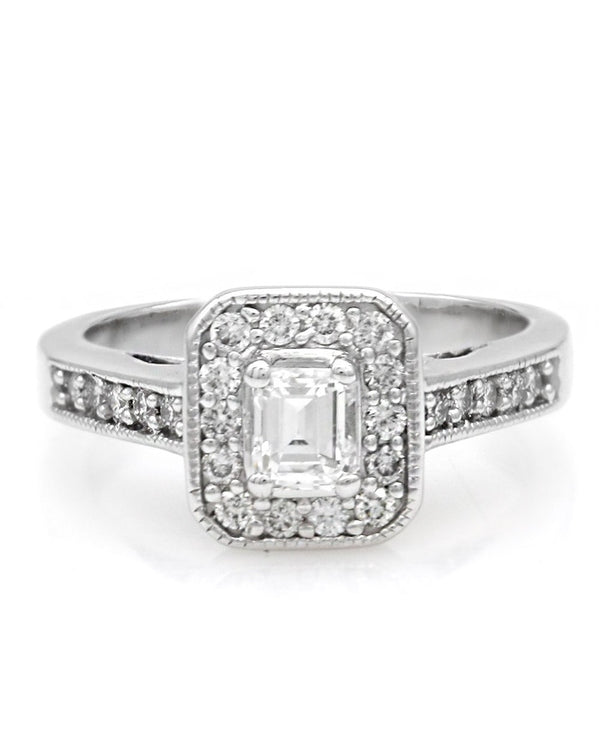 Emerald Cut and Round Diamond Halo Engagement Ring