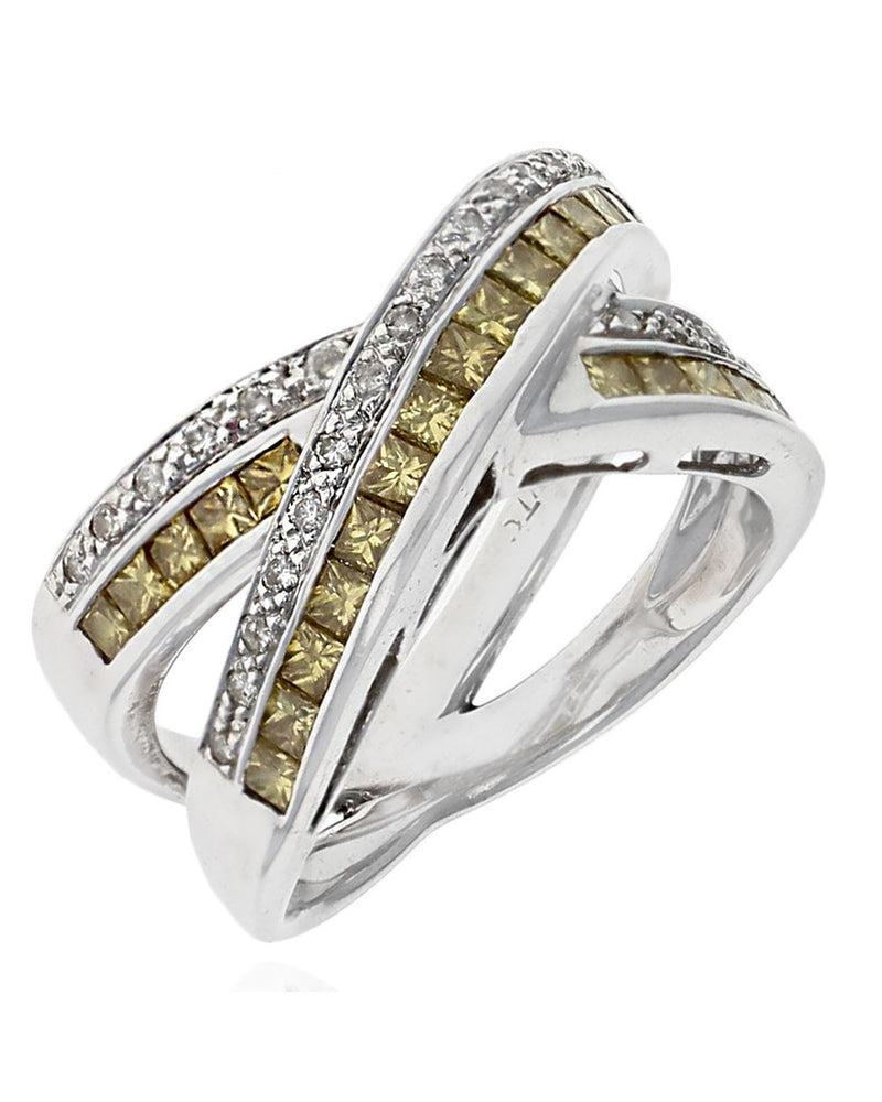 2 Row Mixed Cut Yellow & White Diamond X Crossover Ring in White Gold