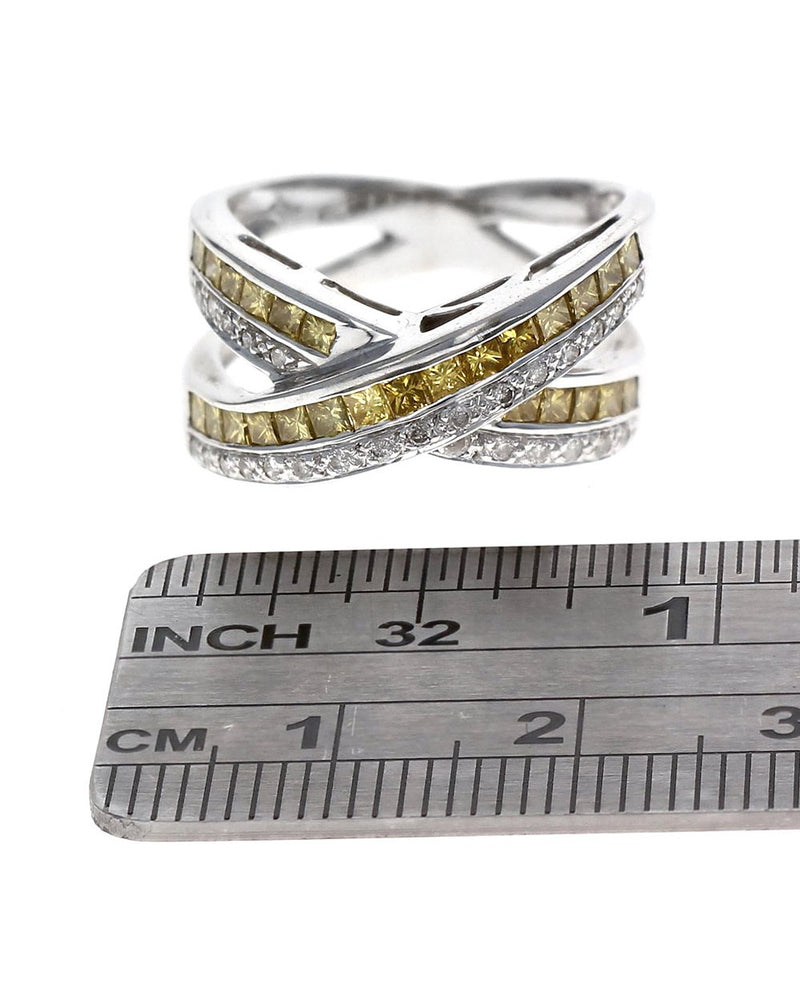 2 Row Mixed Cut Yellow & White Diamond X Crossover Ring in White Gold