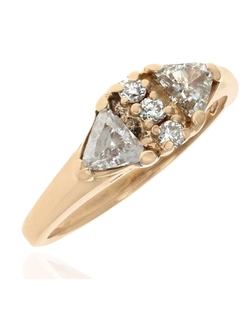 2 Stone Trilliant Diamond and Round Diamond Accent Ring in Yellow Gold