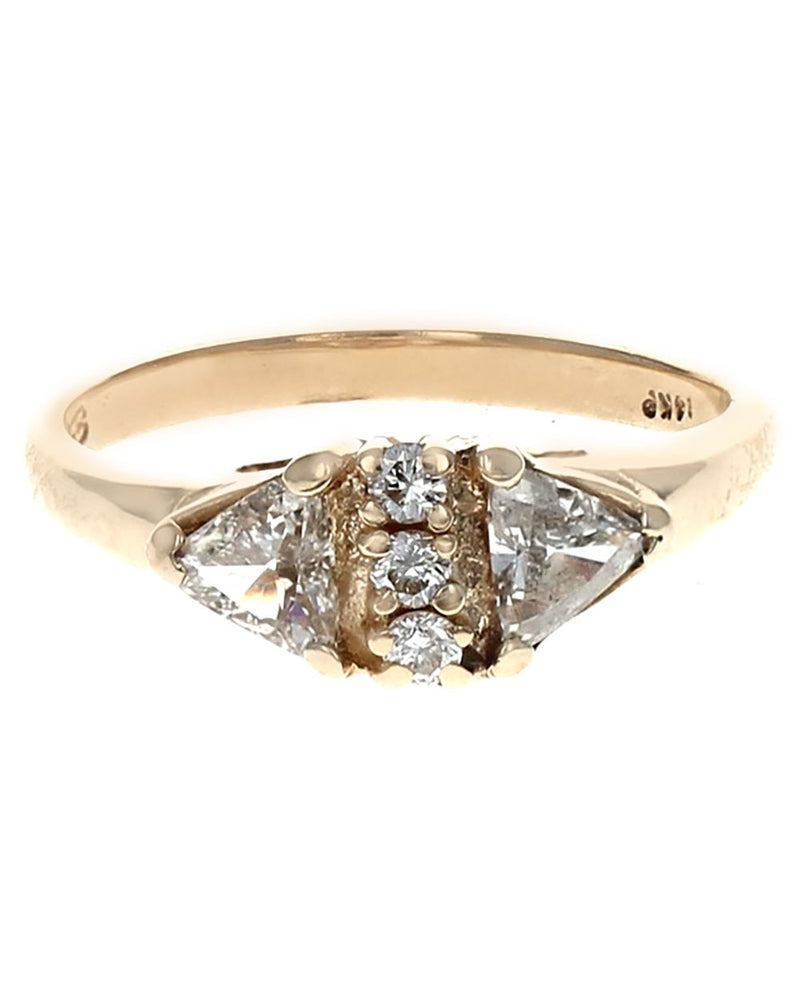 2 Stone Trilliant Diamond and Round Diamond Accent Ring in Yellow Gold