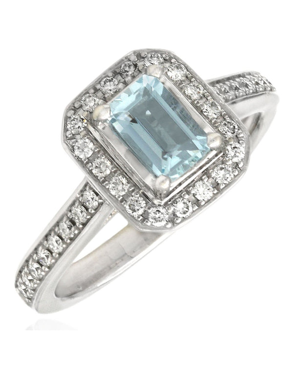 Aquamarine and Diamond Octagon Halo Ring